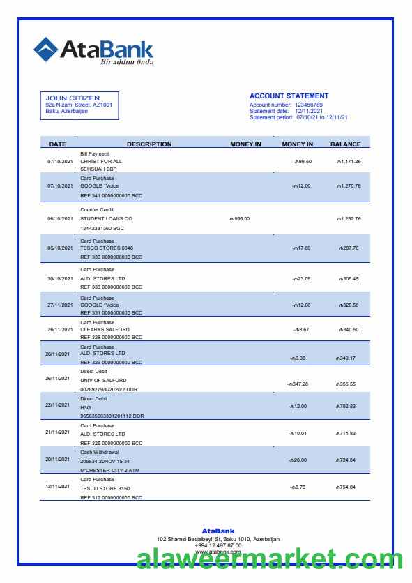 Azerbaijan Atabank bank statement template in Word and PDF format